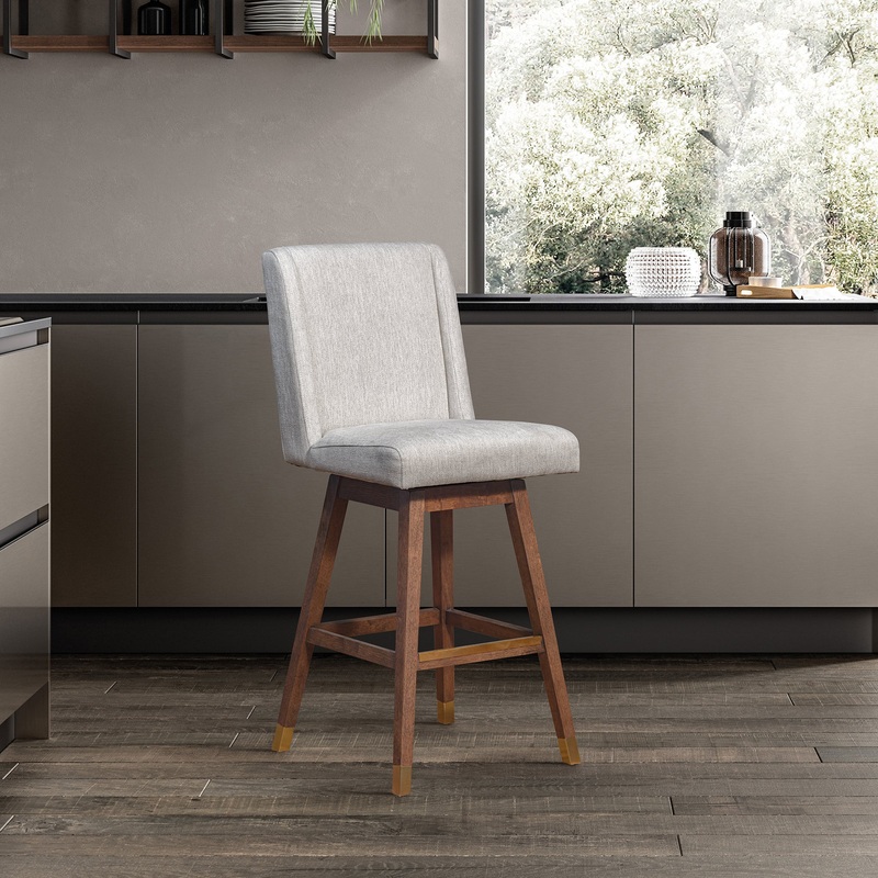 Stancoste Swivel Bar Stool in Brown Oak Wood Finish with Beige Fabric By Armen Living