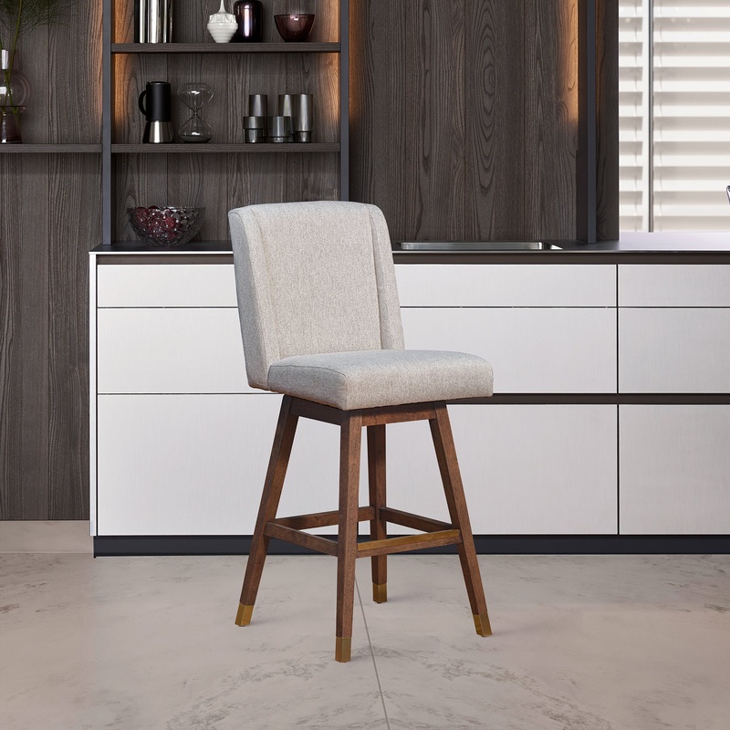 Stancoste Swivel Bar Stool in Brown Oak Wood Finish with Taupe Fabric By Armen Living