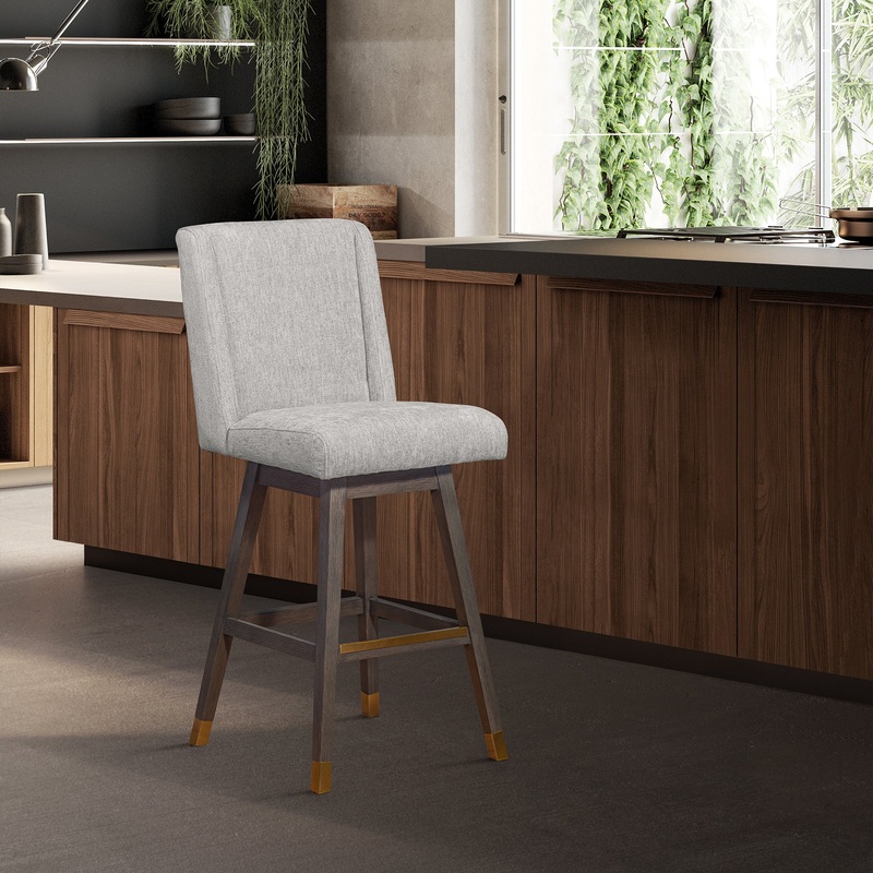 Stancoste Swivel Bar Stool in Grey Oak Wood Finish with Mocha Fabric By Armen Living
