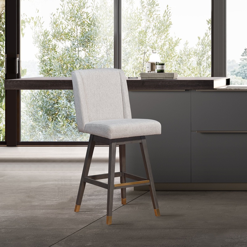 Stancoste Swivel Bar Stool in Grey Oak Wood Finish with Taupe Fabric By Armen Living