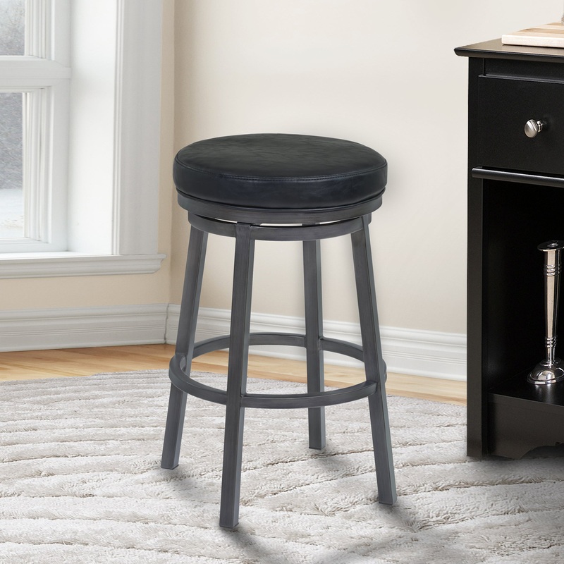 Tilden 30" Bar Height Metal Swivel Backless Barstool in Ford Black Faux Leather and Mineral Finish By Armen Living