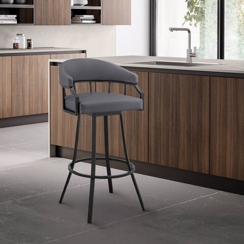 Valerie 26" Swivel Slate Grey Faux Leather and Black Metal Bar Stool By Armen Living