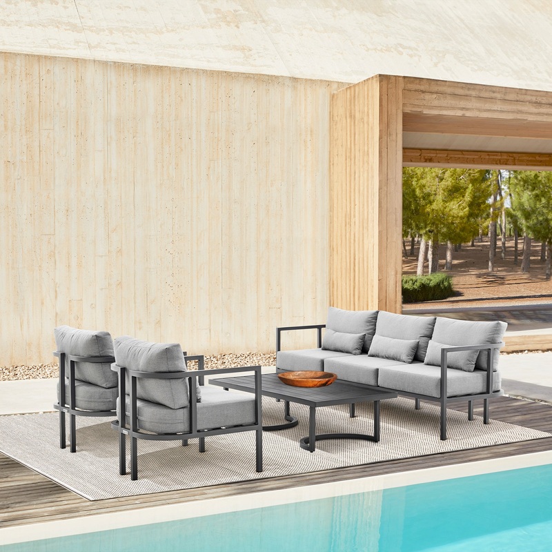 Venice 4 Piece Dark Gray Aluminum Outdoor Seating Set with Dark Gray Cushions By Armen Living