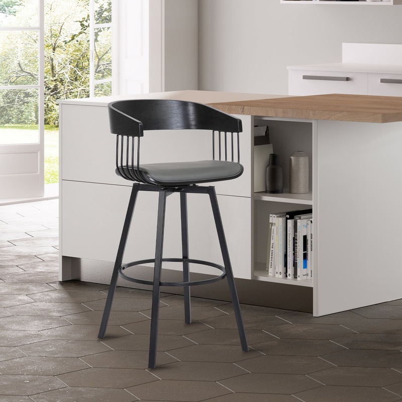 Athena 31" Swivel Black Wood Bar Stool in Grey Faux Leather with Black Metal By Armen Living