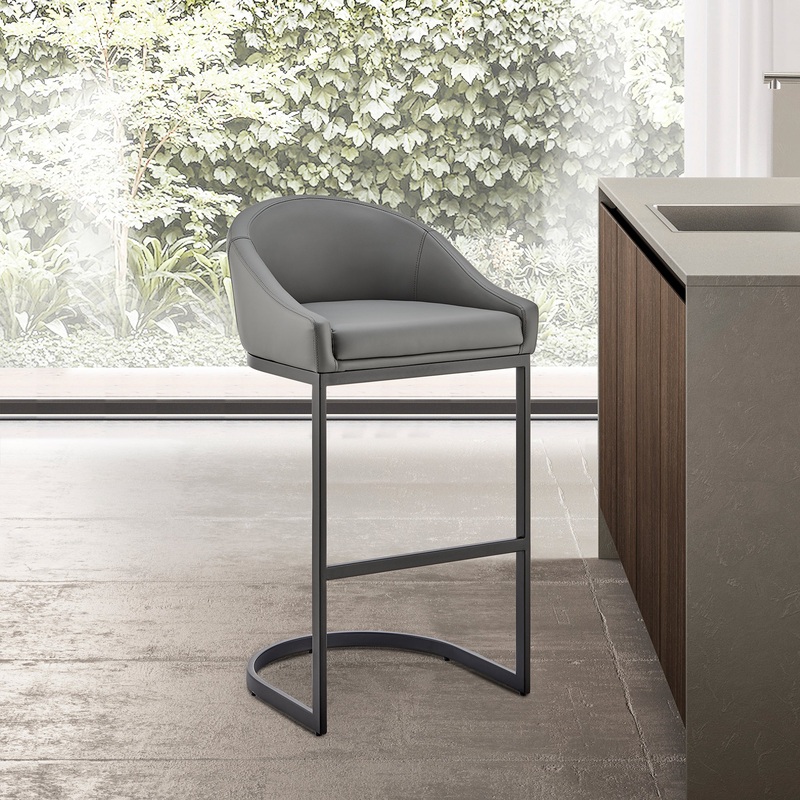 Atherik Bar Stool in Black Metal with Grey Faux Leather By Armen Living