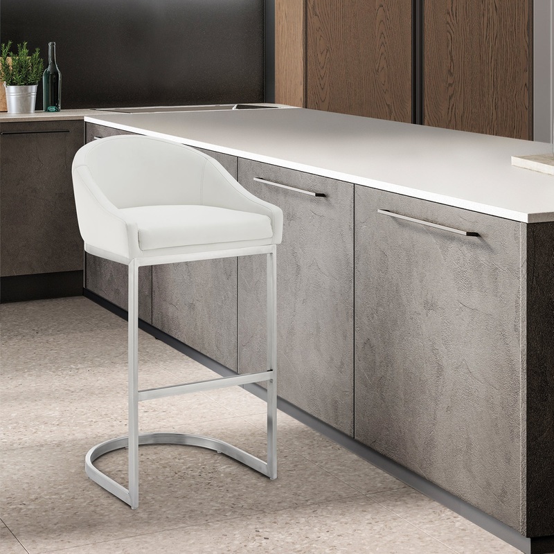 Atherik Bar Stool in Brushed Stainless Steel with White Faux Leather By Armen Living