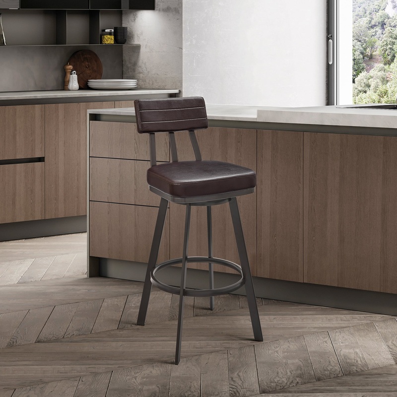 Bejnamin Swivel Bar Stool in Brown Metal with Brown Faux Leather By Armen Living
