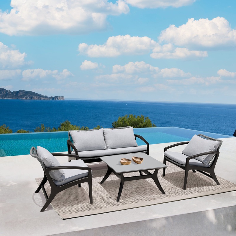 Brighton 4 Piece Outdoor Patio Seating Set in Dark Eucalyptus Wood with Grey Rope and White Cushions By Armen Living