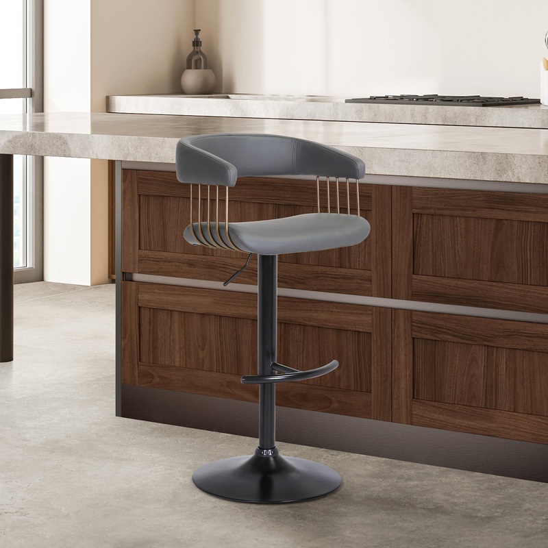 Calista Adjustable Bar Stool in Grey Faux Leather with Golden Bronze and Black Metal By Armen Living