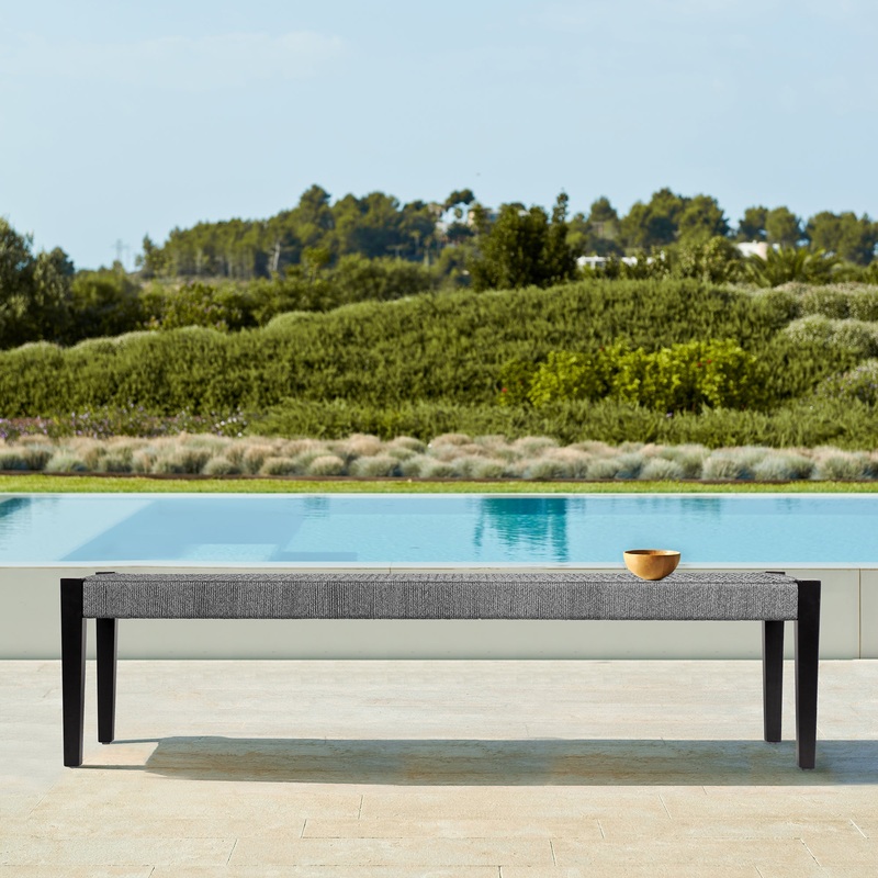 Camino Indoor Outdoor Dining Bench in Eucalyptus Wood and Grey Rope By Armen Living