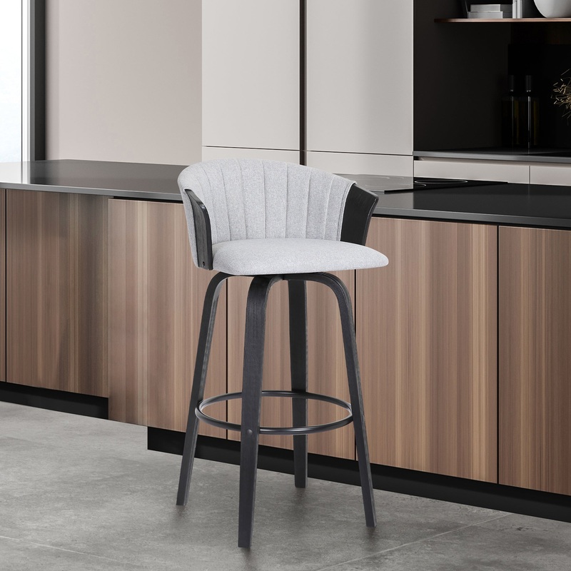 Diana 30" Swivel Black Wood Bar Stool in Light Grey Fabric By Armen Living