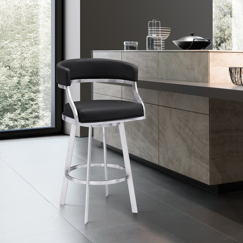Dione 26" Counter Height Swivel Black Faux Leather and Brushed Stainless Steel Bar Stool By Armen Living