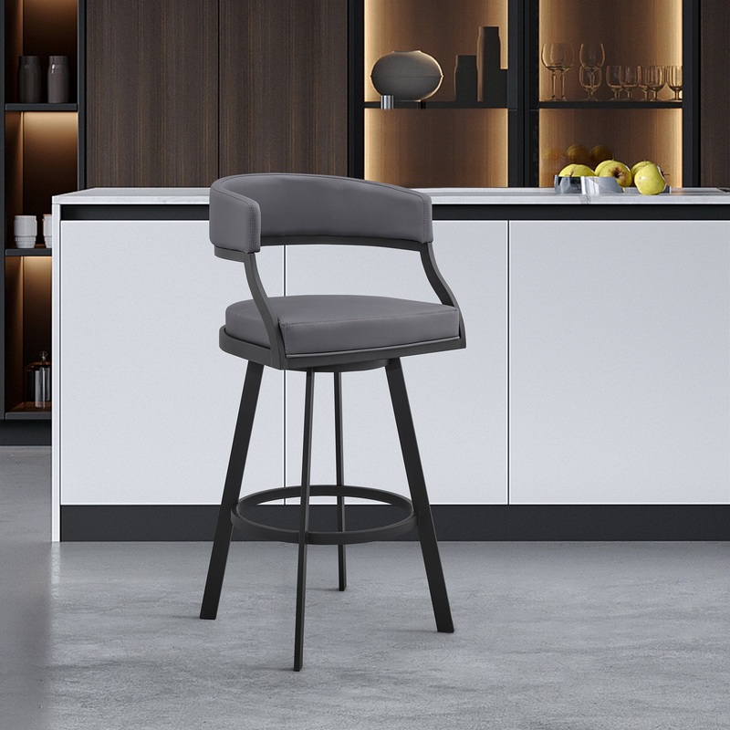 Dione 26" Counter Height Swivel Grey Faux Leather and Black Metal Bar Stool By Armen Living