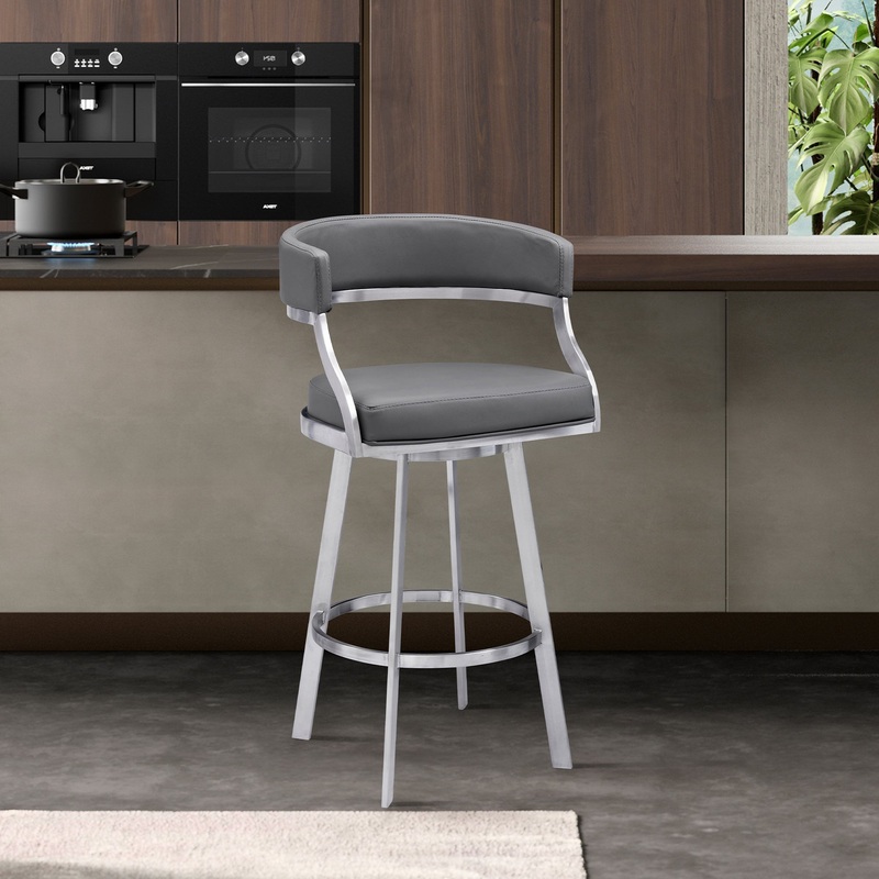 Dione 26" Counter Height Swivel Grey Faux Leather and Brushed Stainless Steel Bar Stool By Armen Living