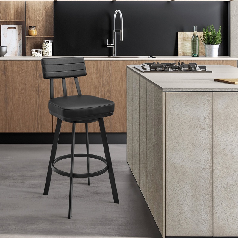 Jinab Swivel Bar Stool in Black Metal with Black Faux Leather By Armen Living