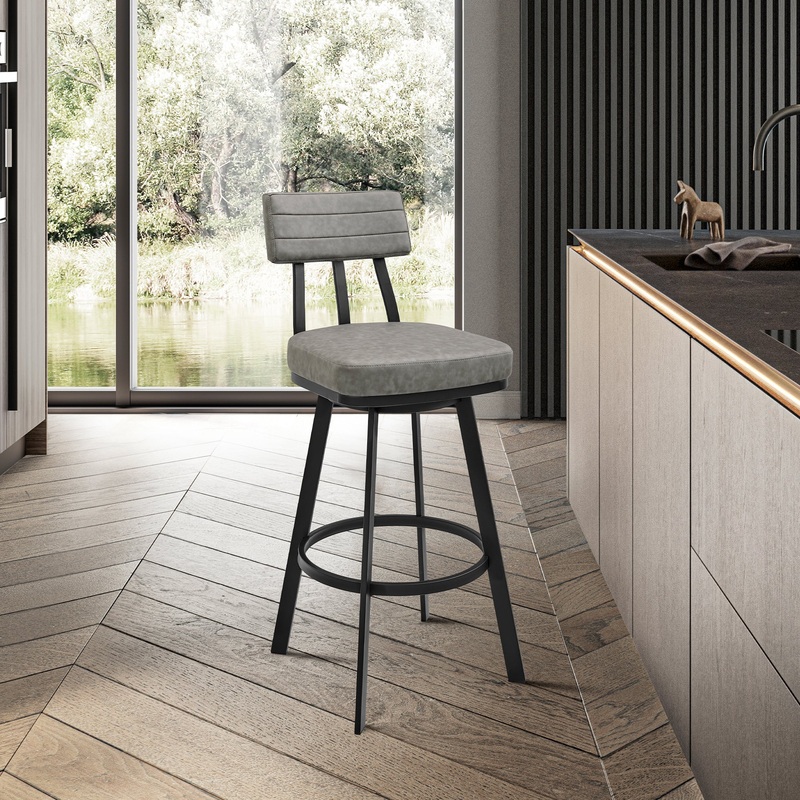 Jinab Swivel Bar Stool in Black Metal with Grey Faux Leather By Armen Living