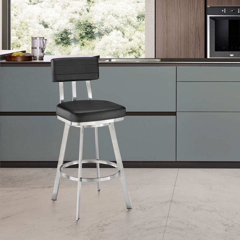 Jinab Swivel Bar Stool in Brushed Stainless Steel with Black Faux Leather By Armen Living