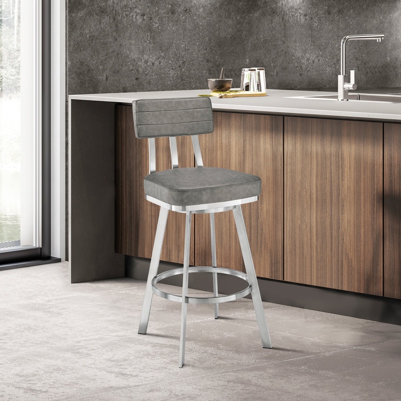 Jinab Swivel Bar Stool in Brushed Stainless Steel with Grey Faux Leather By Armen Living