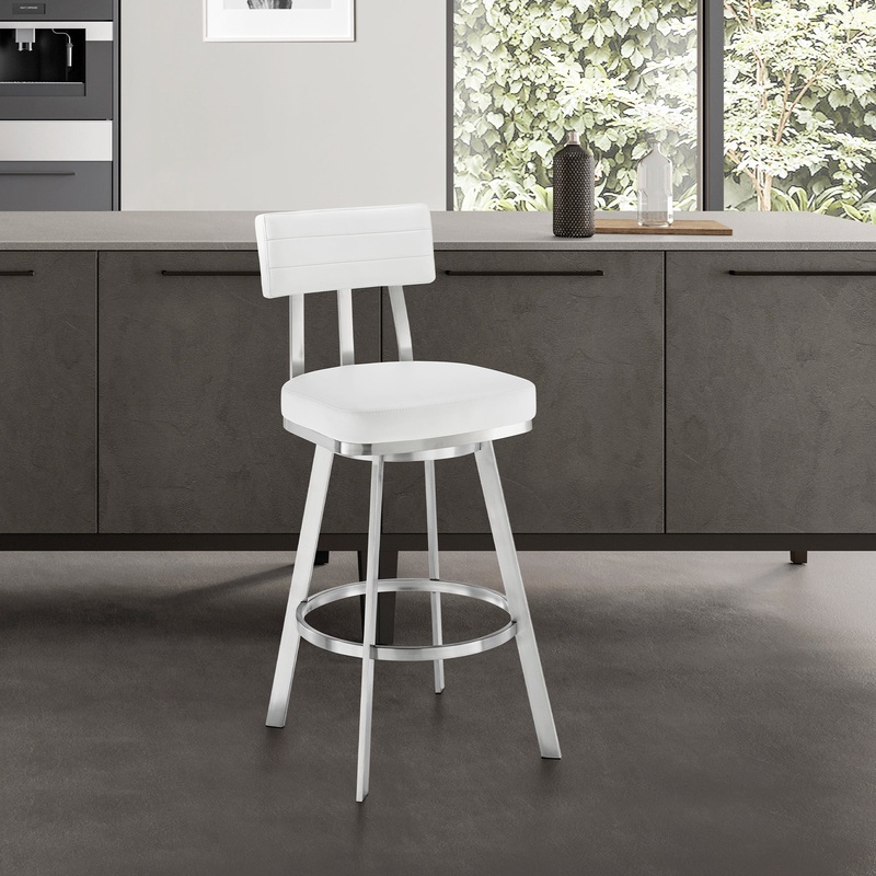 Jinab Swivel Bar Stool in Brushed Stainless Steel with White Faux Leather By Armen Living