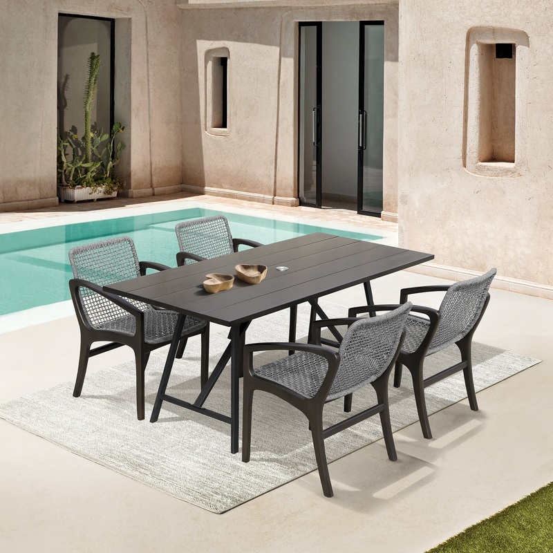 Koala and Brighton 5 Piece Outdoor Patio Dining Set in Dark Eucalyptus Wood and Grey Rope By Armen Living
