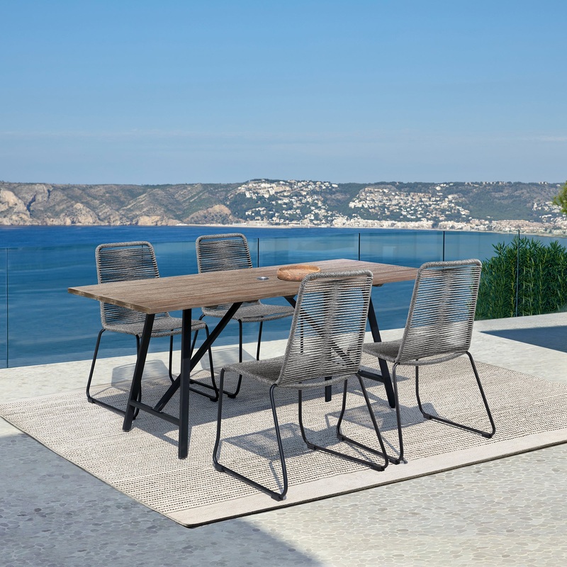 Koala and Shasta 5 Piece Outdoor Patio Dining Set in Light Eucalyptus Wood and Grey Rope By Armen Living