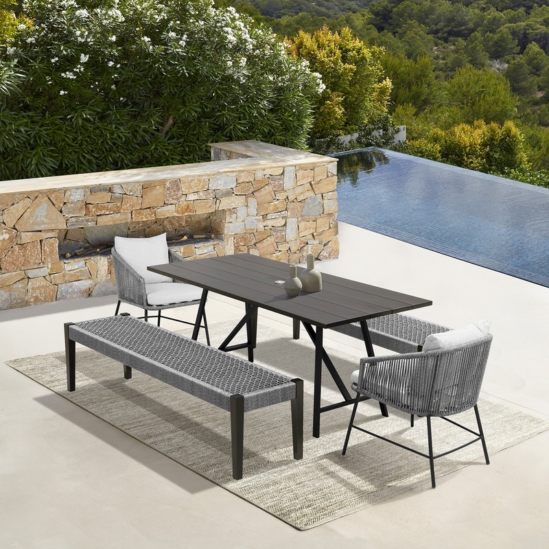 Koala Calica and Camino 5 Piece Outdoor Dining Set with Dark Eucalyptus Wood and Grey Rope and Cushions By Armen Living