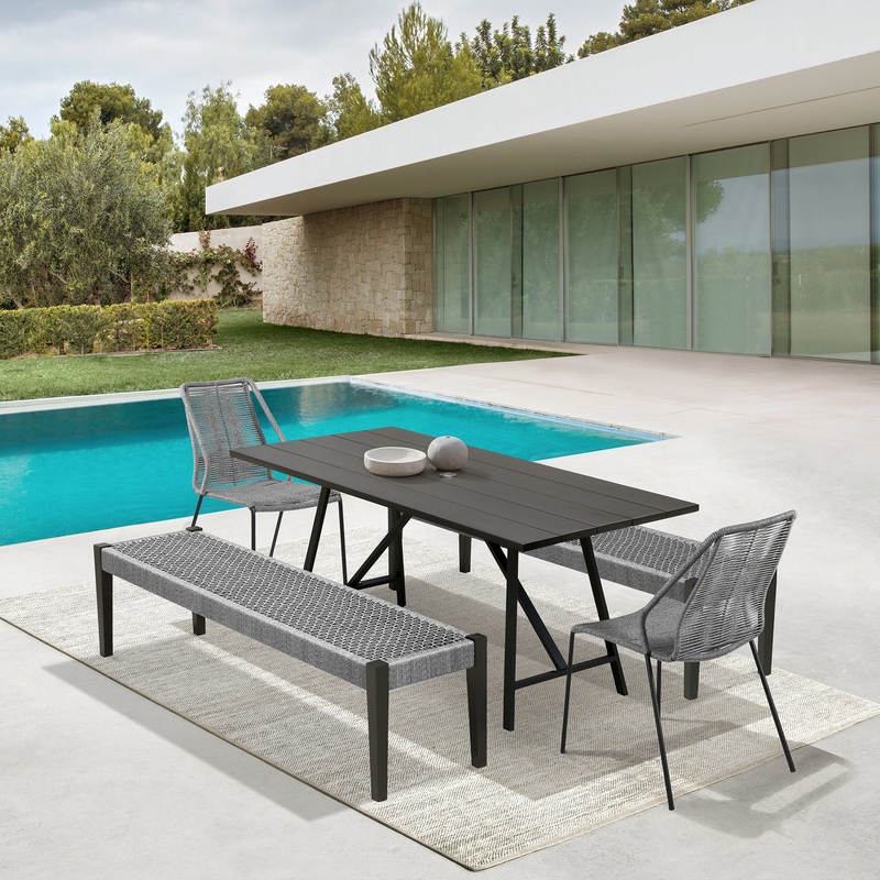 Koala Clip and Camino 5 Piece Outdoor Dining Set in Dark Eucalyptus with Grey Rope By Armen Living