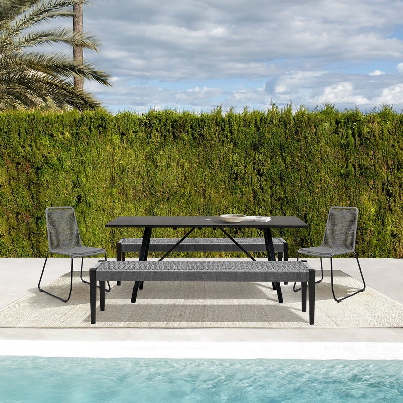 Koala Shasta and Camino 5 Piece Outdoor Dining Set in Dark Eucalyptus Wood with Grey Rope By Armen Living