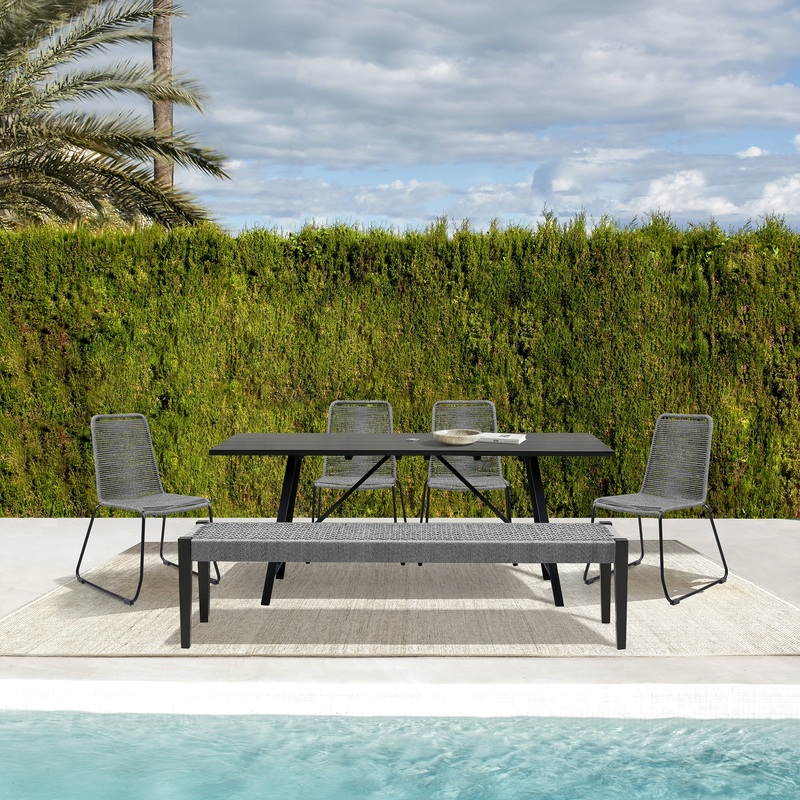 Koala Shasta and Camino 6 Piece Outdoor Dining Set in Dark Eucalyptus Wood with Grey Rope By Armen Living