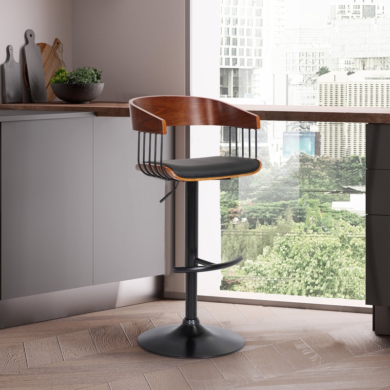 Larisa Adjustable Walnut Wood Bar Stool in Black Faux Leather with Black Metal By Armen Living