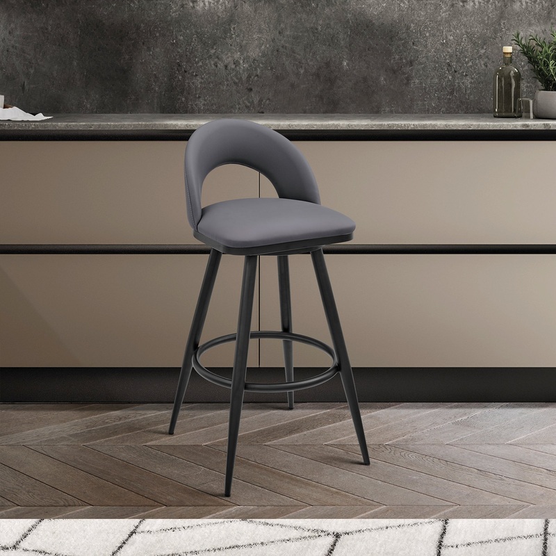 Lottech Swivel Bar Stool in Black Metal with Grey Faux Leather By Armen Living