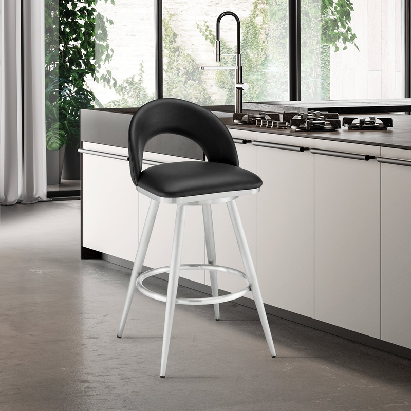 Lottech Swivel Bar Stool in Brushed Stainless Steel with Black Faux Leather By Armen Living