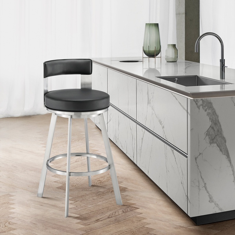 Lynof Swivel Bar Stool in Brushed Stainless Steel with Black Faux Leather By Armen Living