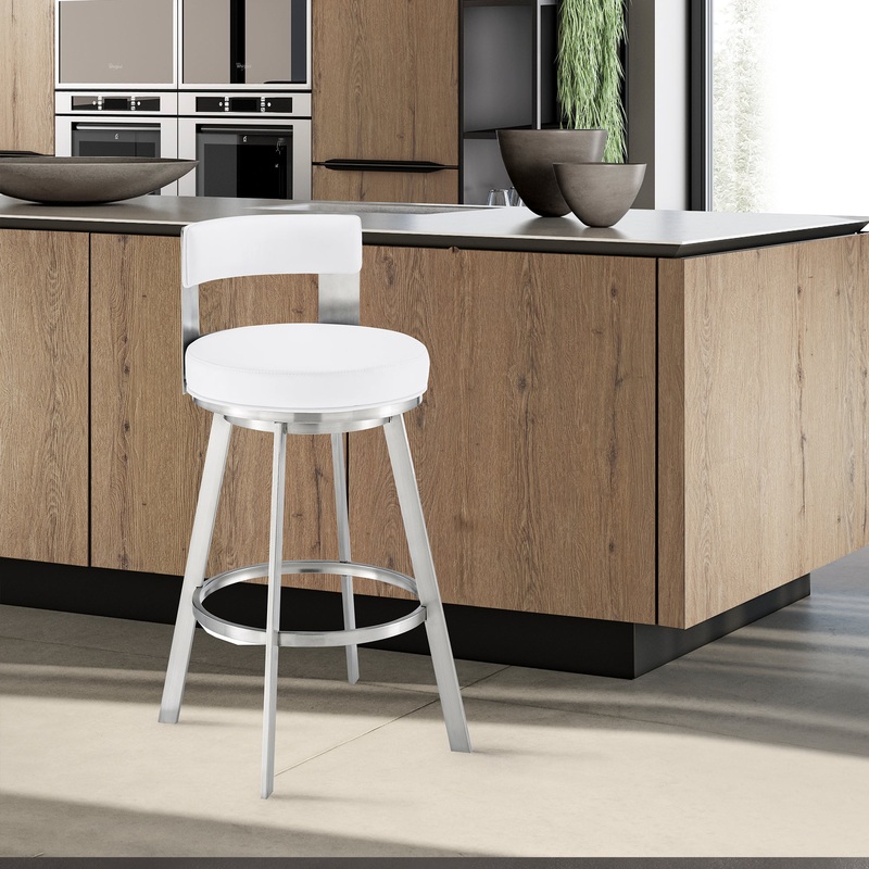 Lynof Swivel Bar Stool in Brushed Stainless Steel with White Faux Leather By Armen Living