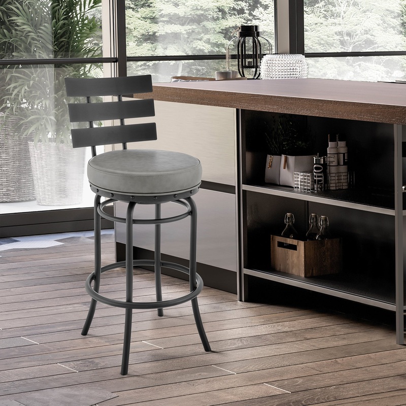 Natya Swivel Counter or Bar Stool in Black Finish with Grey Faux Leather By Armen Living