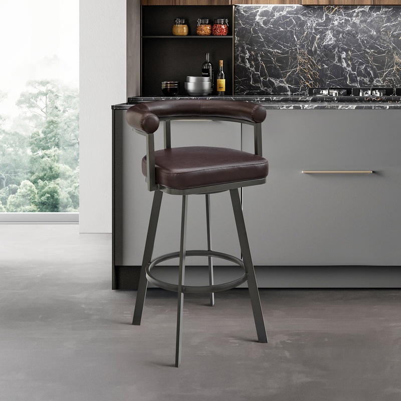 Nolagam Swivel Bar Stool in Brown Metal with Brown Faux Leather By Armen Living