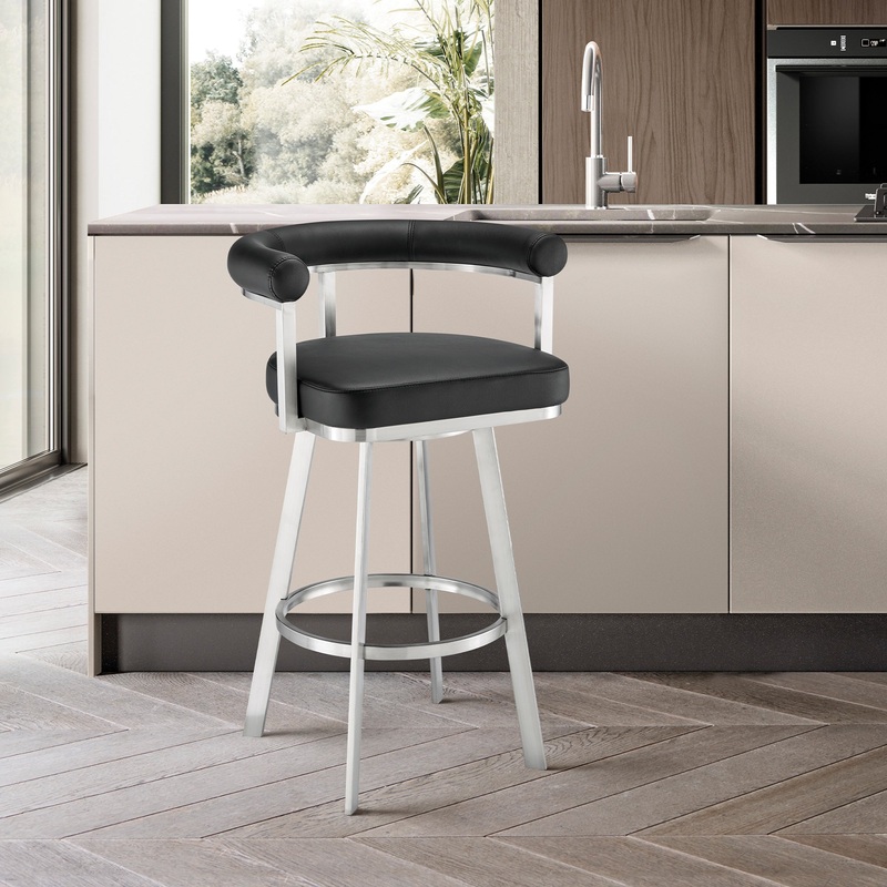 Nolagam Swivel Bar Stool in Brushed Stainless Steel with Black Faux Leather By Armen Living