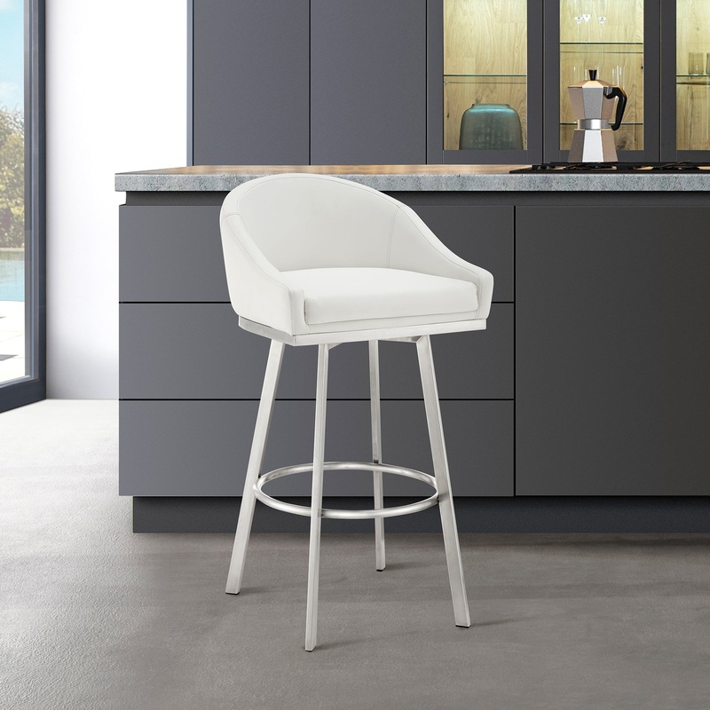 Noran Swivel Bar Stool in Brushed Stainless Steel with White Faux Leather By Armen Living