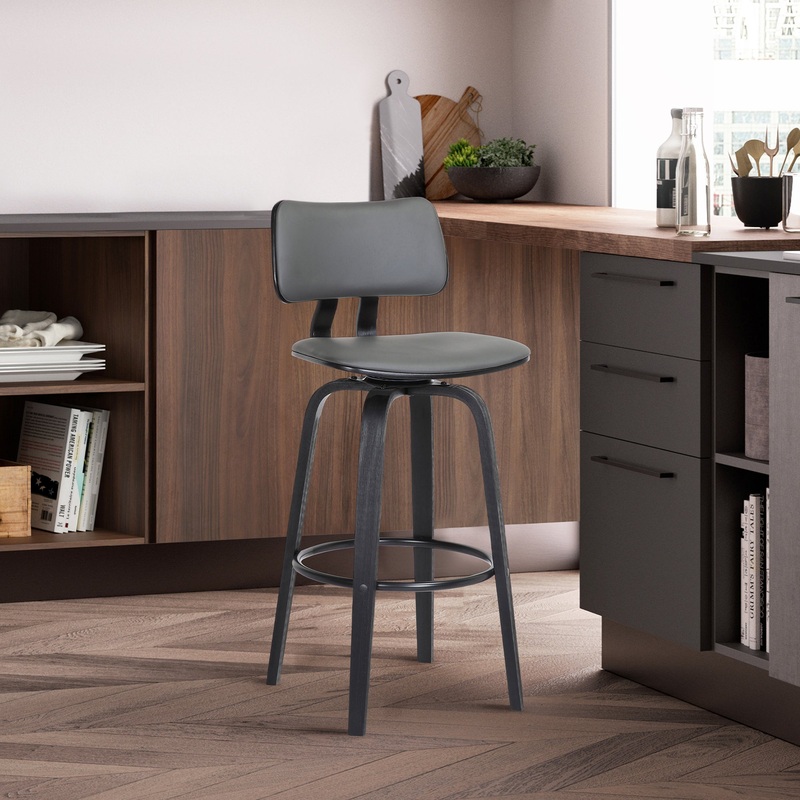 Pico 30" Swivel Black Wood Bar Stool in Grey Faux Leather with Black Metal By Armen Living