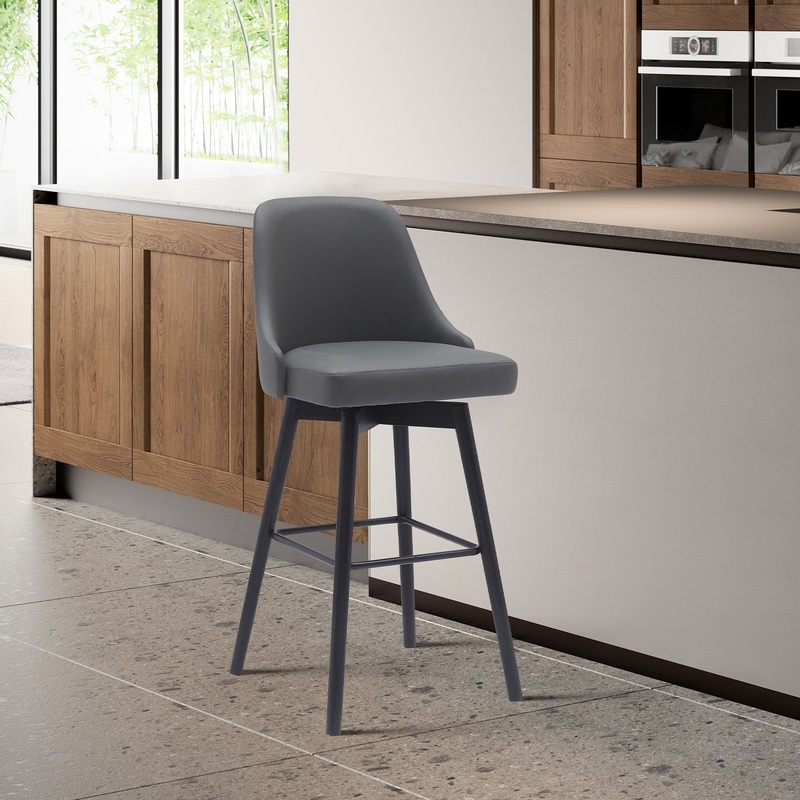 Sicily 30" Swivel Black Wood Bar Stool in Light Grey Fabric By Armen Living