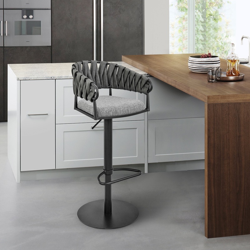 Silabe Adjustable Counter or Bar Stool in Black Metal with Grey Fabric and Faux Leather By Armen Living