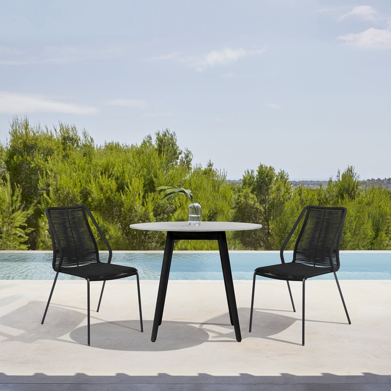 Sydney and Clip 3 Piece Outdoor Patio 36" Dining Set in Black Eucalyptus Wood and Black Rope By Armen Living