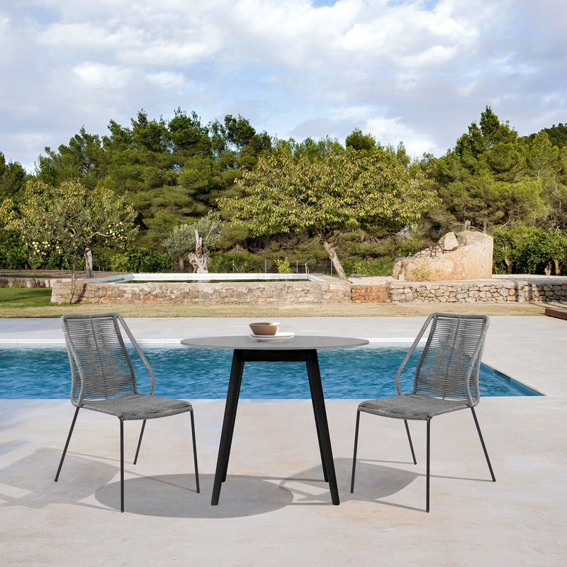 Sydney and Clip 3 Piece Outdoor Patio 36" Dining Set in Black Eucalyptus Wood and Grey Rope By Armen Living