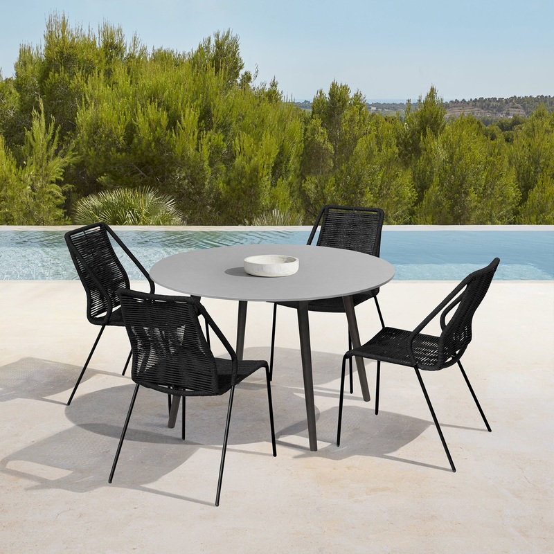 Sydney and Clip Outdoor Patio 5 Piece Dining Set in Black Rope with Black Eucalyptus Wood By Armen Living