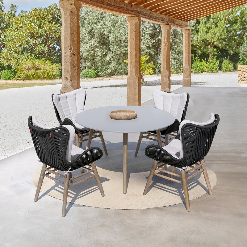 Sydney and Fanny 5 Piece Outdoor Patio Dining Set in Light Eucalyptus Wood with Charcoal Rope and Grey Cushions By Armen Living