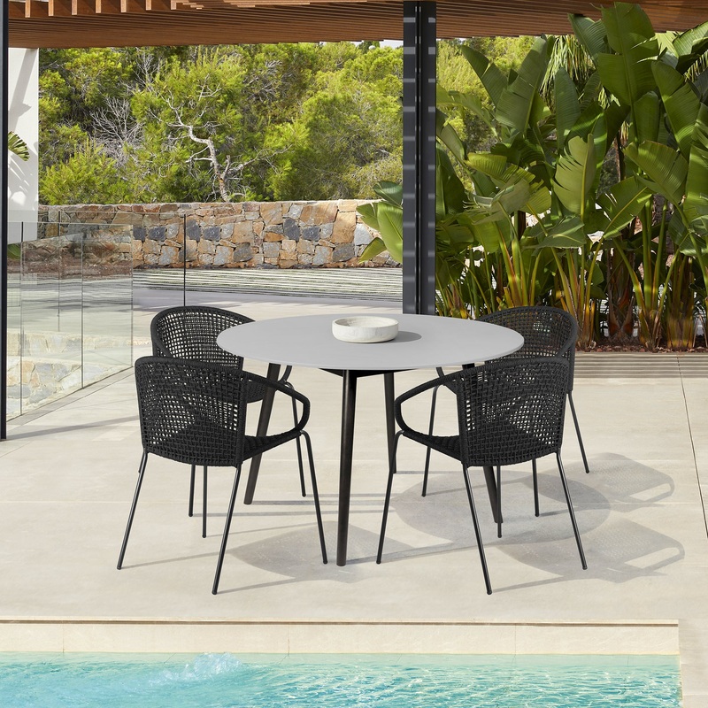 Sydney and Snack 5 Piece Outdoor Patio Dining Set in Black Rope with Black Eucalyptus Wood By Armen Living