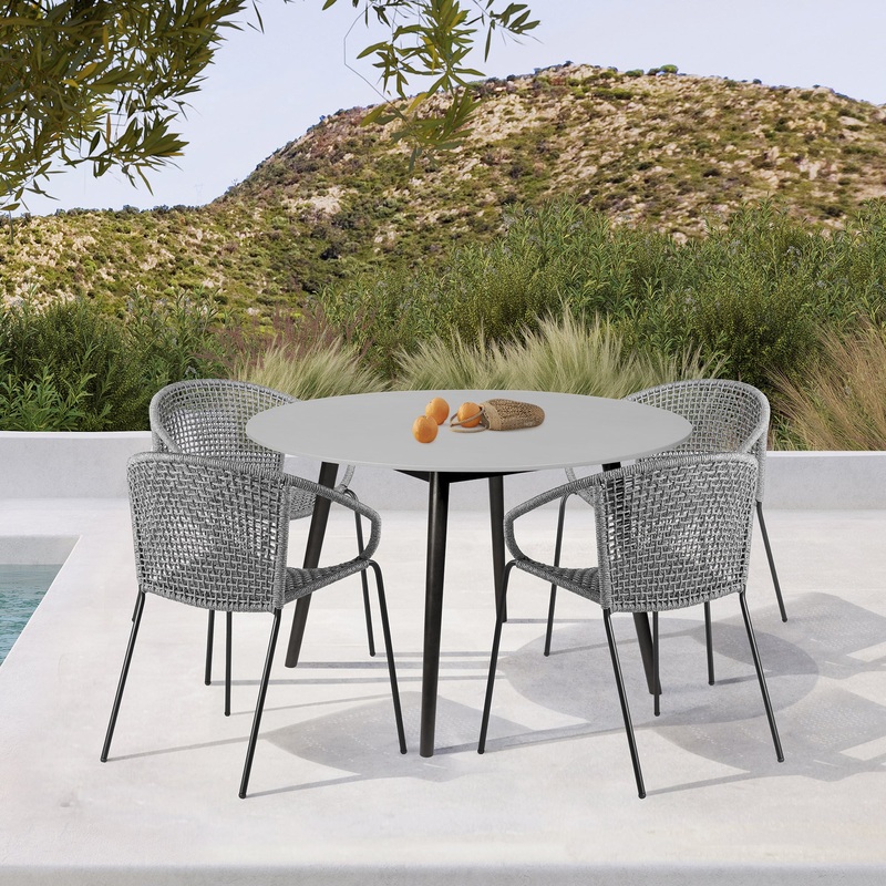 Sydney and Snack 5 Piece Outdoor Patio Dining Set in Grey Rope with Black Eucalyptus Wood By Armen Living