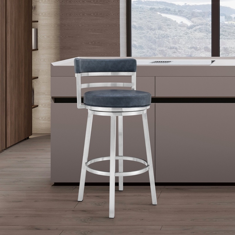 Titana 26" Counter Height Swivel Blue Faux Leather and Brushed Stainless Steel Bar Stool By Armen Living