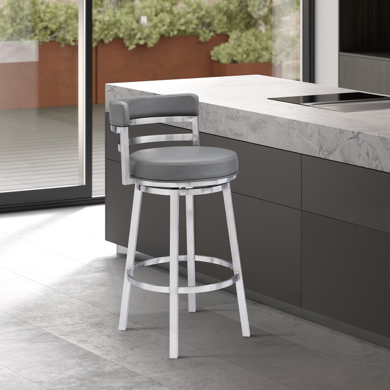 Titana 26" Counter Height Swivel Grey Faux Leather and Brushed Stainless Steel Bar Stool By Armen Living