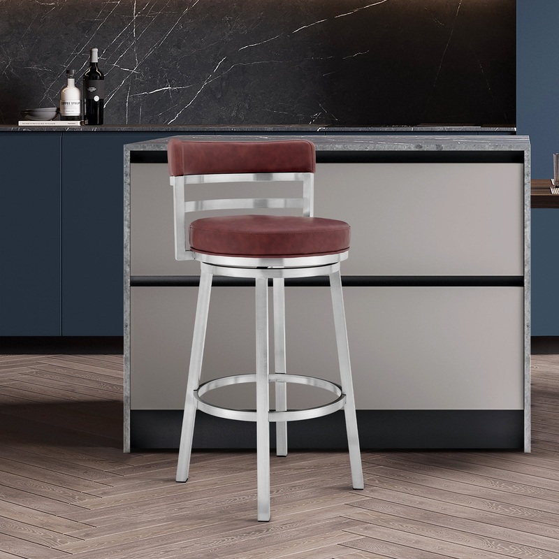 Titana 26" Counter Height Swivel Red Faux Leather and Brushed Stainless Steel Bar Stool By Armen Living